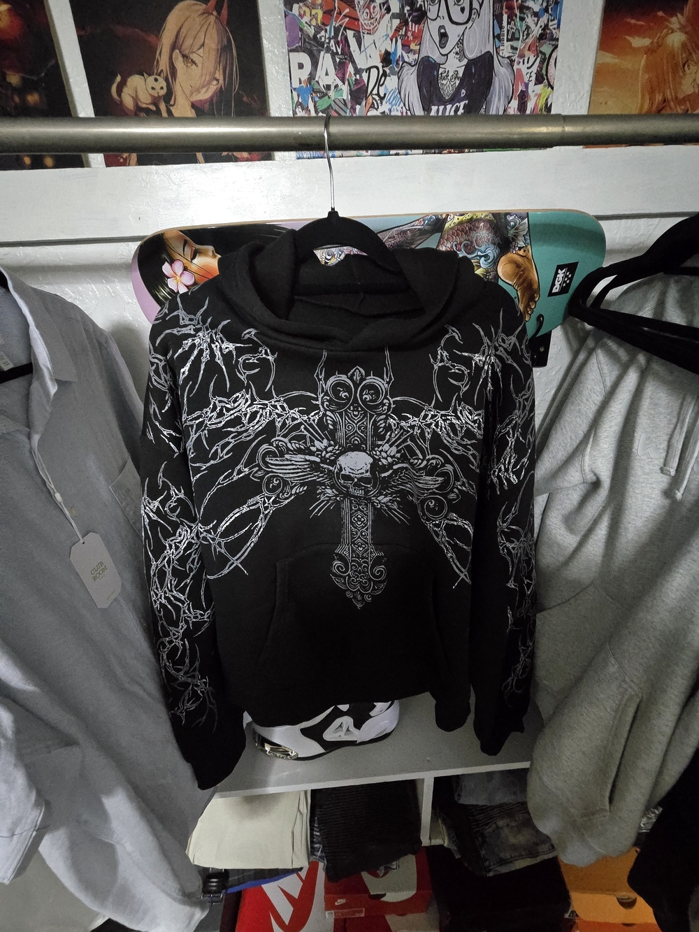 Black Graphic Cross & Skull Gothic Pullover Hoodie